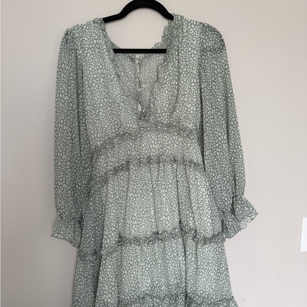 Elegant Green Patterned Ruffle Women's Dress